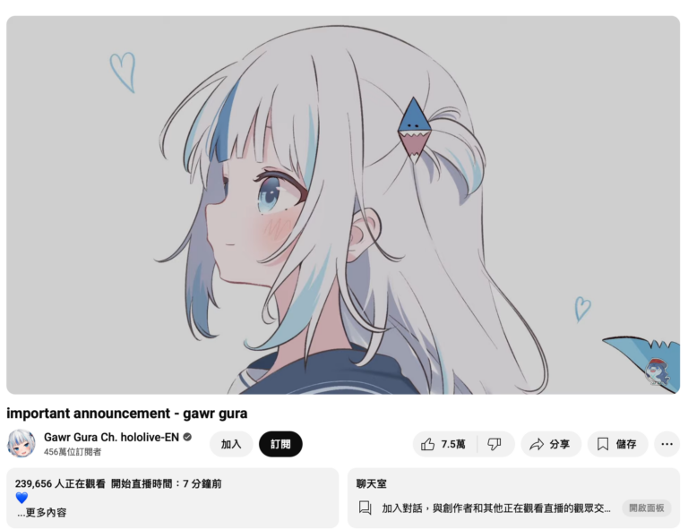 hololive EN 神話組 Gawr Gura 宣布將於 2025 年 5 月 1 日畢業